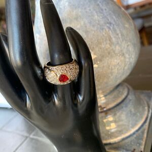 Shimmering Pave CZ and Red Garnet Heart Dome Ring, Unsigned, Mint